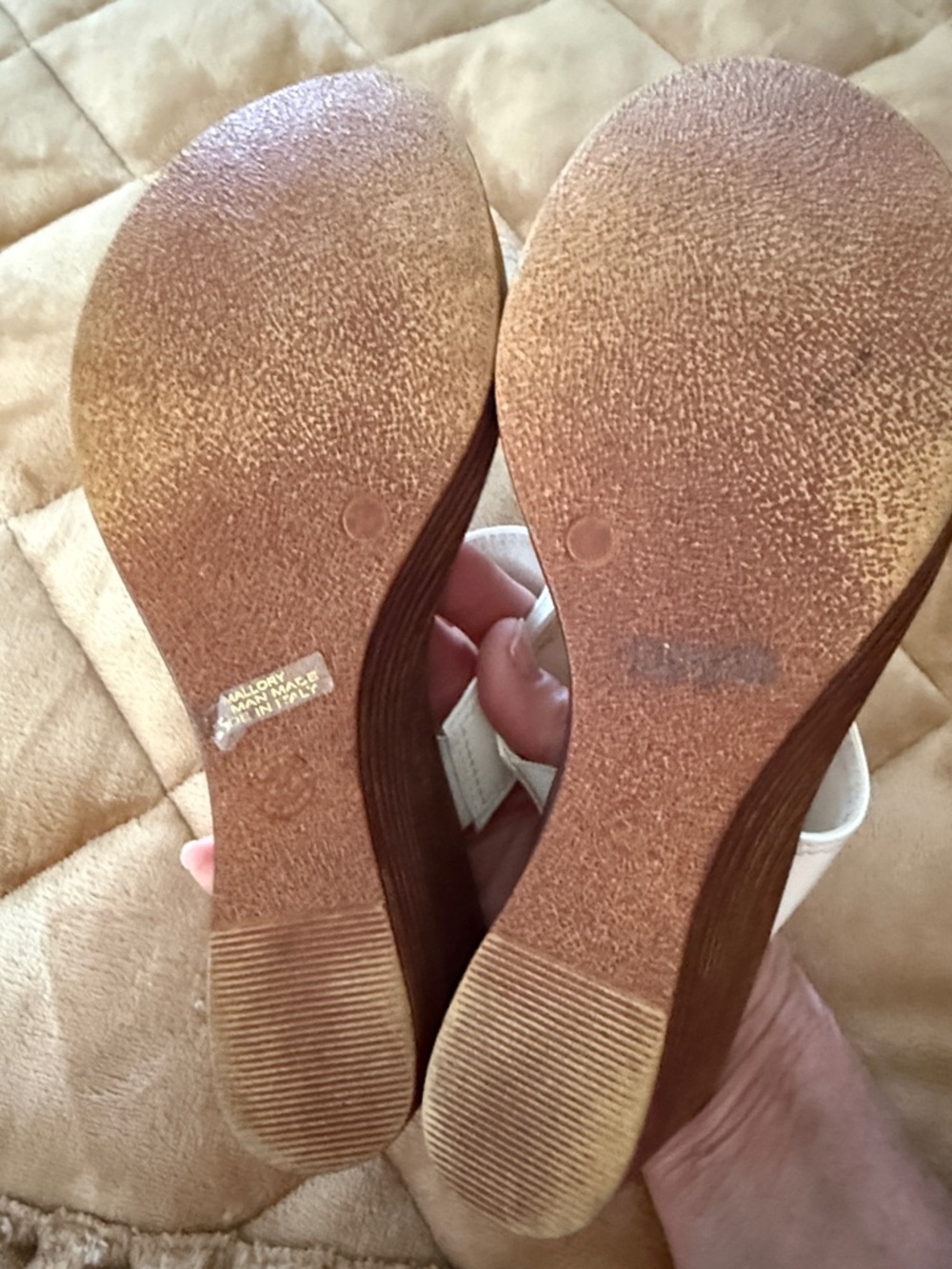White Leather Double-Strap Wedge Slide Sandals with Gold Accent - Picture 3 of 6